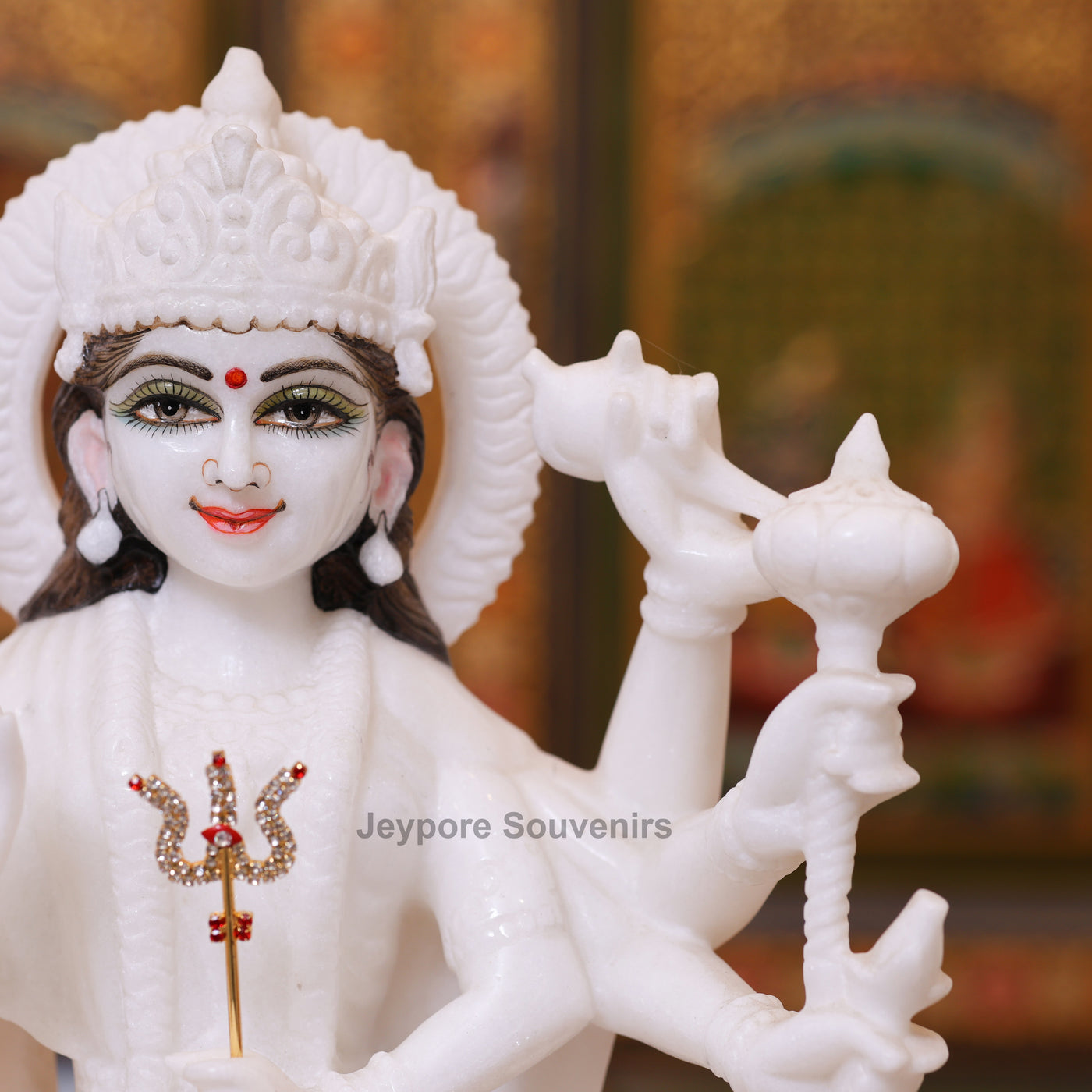 15" Handcrafted Goddess Durga Idol on Lion Made in Pure White Marble