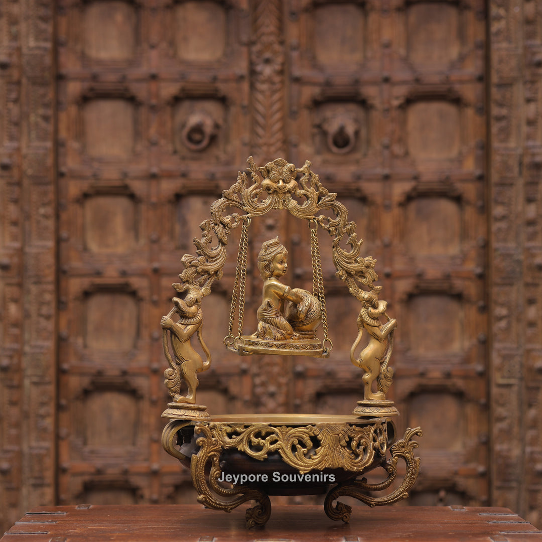 21" Brass Laddu Gopal Decorative Urli Bowl with Swing