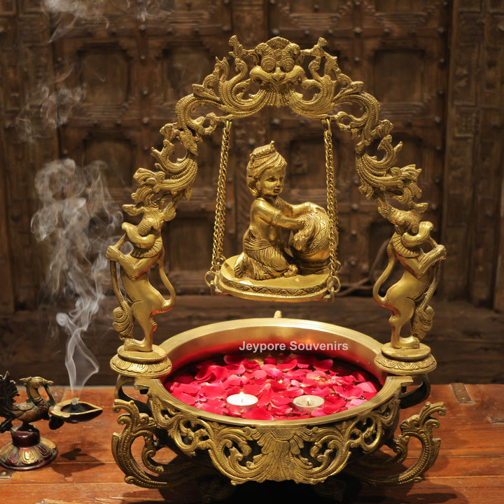 21" Brass Laddu Gopal Decorative Urli Bowl with Swing