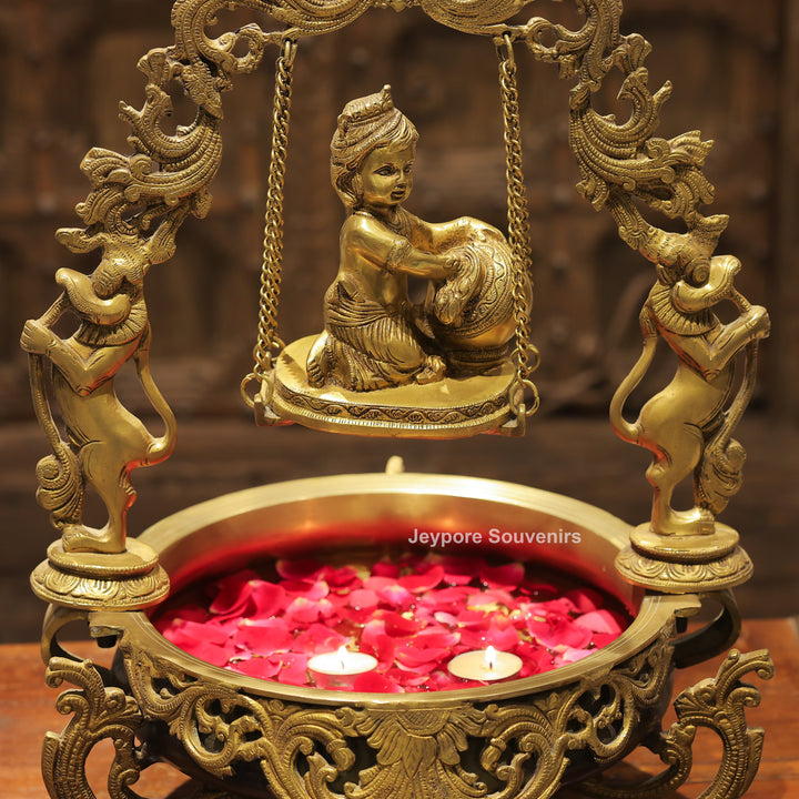 21" Brass Laddu Gopal Decorative Urli Bowl with Swing