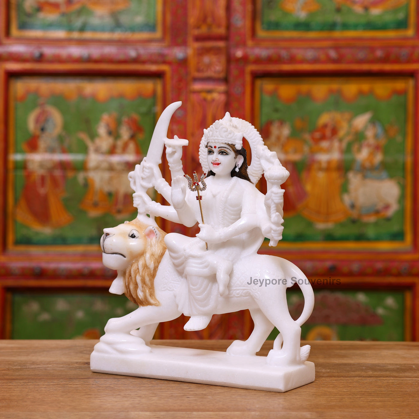 12" Handcrafted White Marble Goddess Durga Idol on Lion (8-Arm)