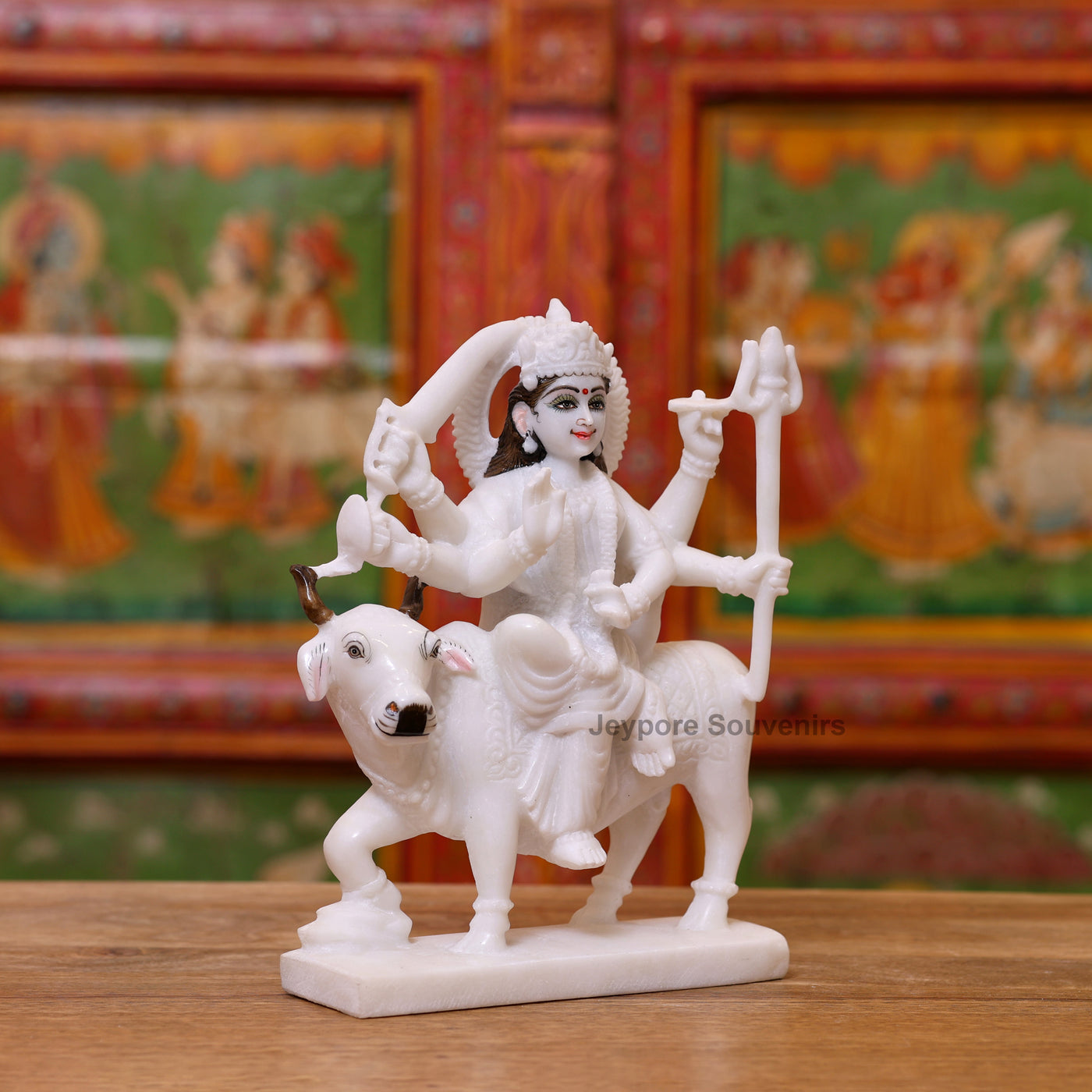 9" Pure White Marble Goddess Umiya Idol on Cow | for Protection And Strength