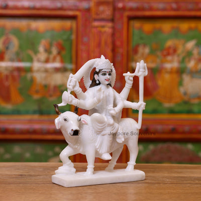 9" Pure White Marble Goddess Umiya Idol on Cow | for Protection And Strength