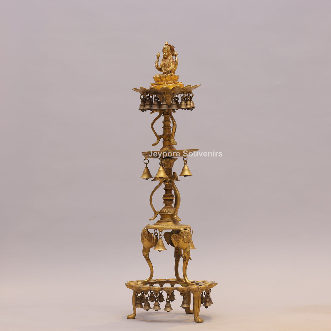 Handcrafted Brass Temple Lamp Stand with Lakshmi Idol &amp; Hanging Bells