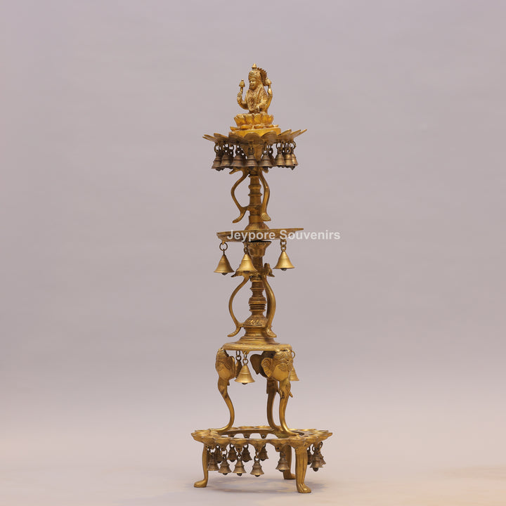Handcrafted Brass Temple Lamp Stand with Lakshmi Idol &amp; Hanging Bells