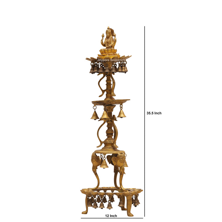 Handcrafted Brass Temple Lamp Stand with Lakshmi Idol &amp; Hanging Bells