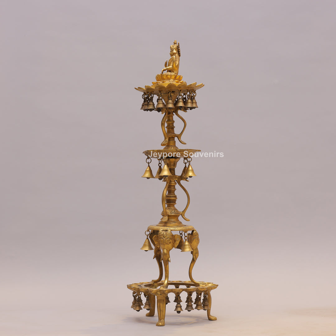 Handcrafted Brass Temple Lamp Stand with Lakshmi Idol &amp; Hanging Bells