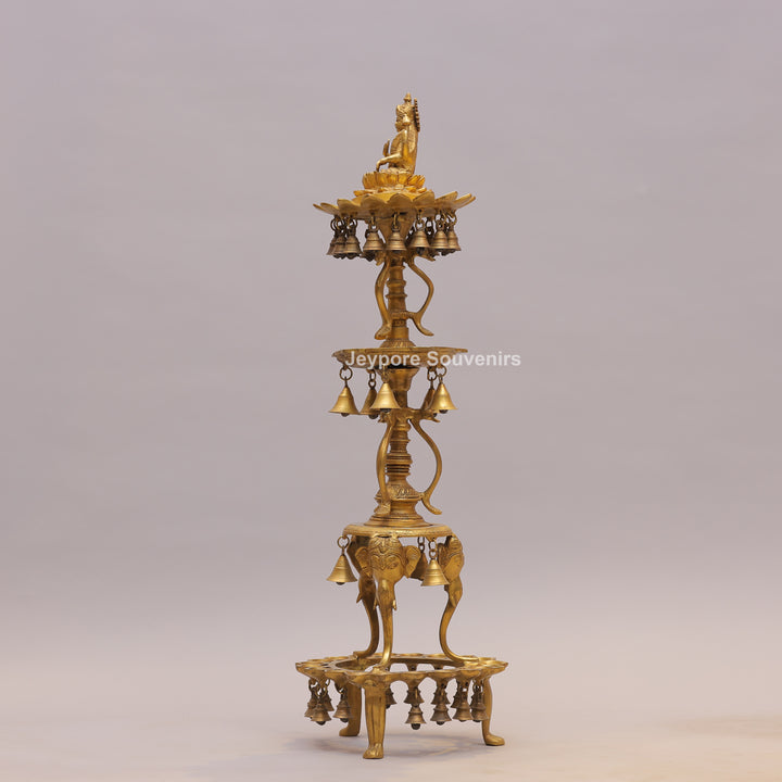 Handcrafted Brass Temple Lamp Stand with Lakshmi Idol &amp; Hanging Bells