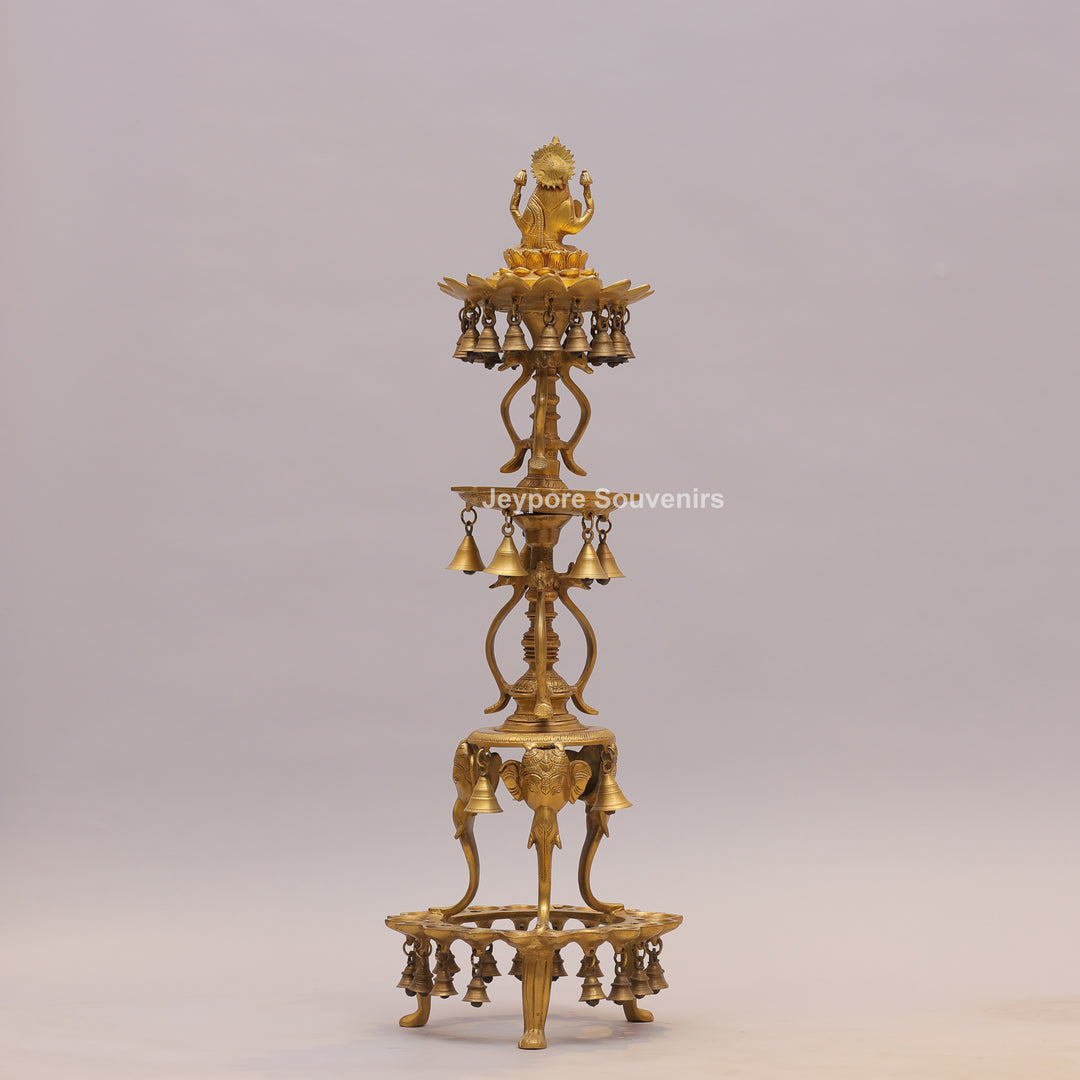 Handcrafted Brass Temple Lamp Stand with Lakshmi Idol &amp; Hanging Bells