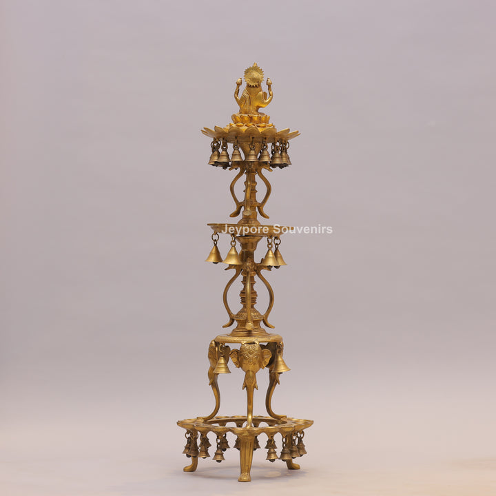 Handcrafted Brass Temple Lamp Stand with Lakshmi Idol &amp; Hanging Bells