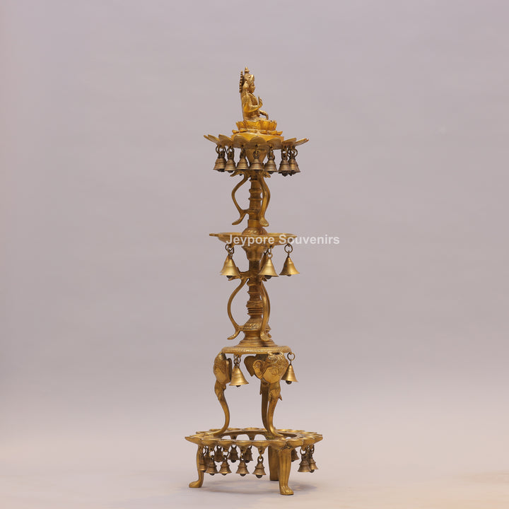 Handcrafted Brass Temple Lamp Stand with Lakshmi Idol &amp; Hanging Bells