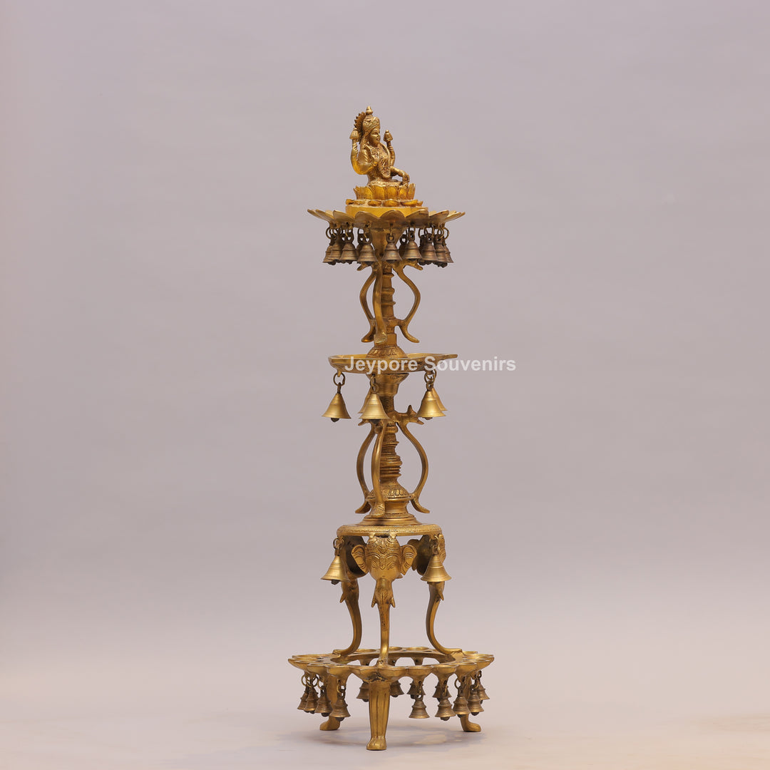 Handcrafted Brass Temple Lamp Stand with Lakshmi Idol &amp; Hanging Bells