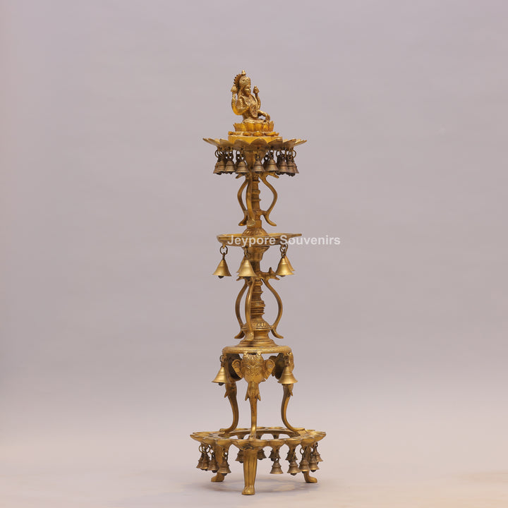 Handcrafted Brass Temple Lamp Stand with Lakshmi Idol &amp; Hanging Bells