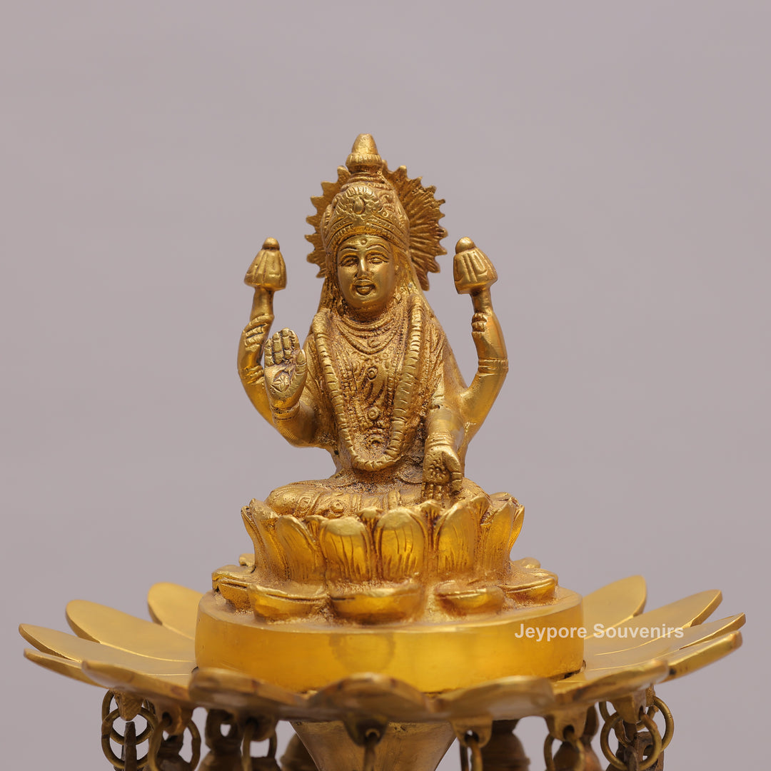 Handcrafted Brass Temple Lamp Stand with Lakshmi Idol &amp; Hanging Bells