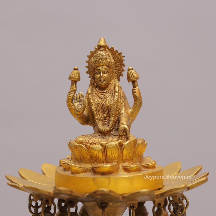 Handcrafted Brass Temple Lamp Stand with Lakshmi Idol &amp; Hanging Bells