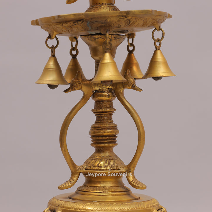 Handcrafted Brass Temple Lamp Stand with Lakshmi Idol &amp; Hanging Bells