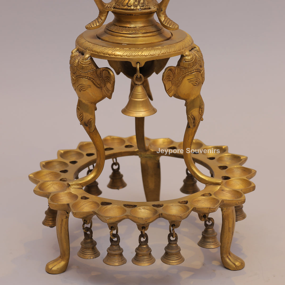 Handcrafted Brass Temple Lamp Stand with Lakshmi Idol &amp; Hanging Bells