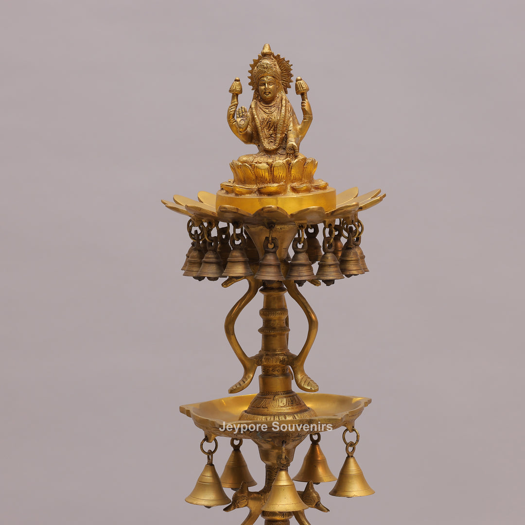 Handcrafted Brass Temple Lamp Stand with Lakshmi Idol &amp; Hanging Bells