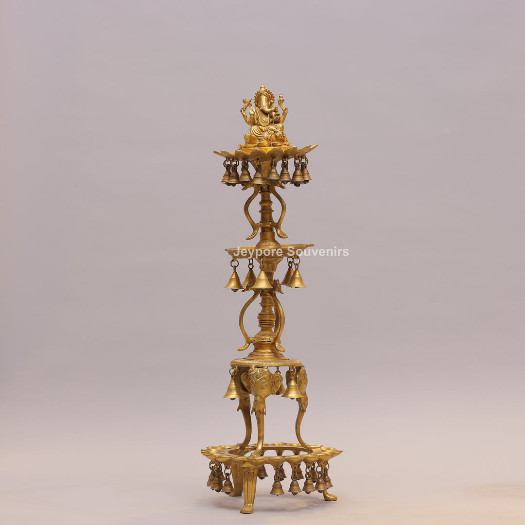 Brass Ganesha Lamp Stand with Elephant Base &amp; Temple Bells