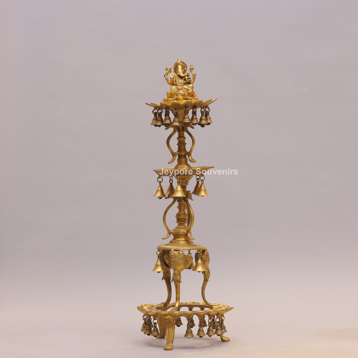 Brass Ganesha Lamp Stand with Elephant Base &amp; Temple Bells
