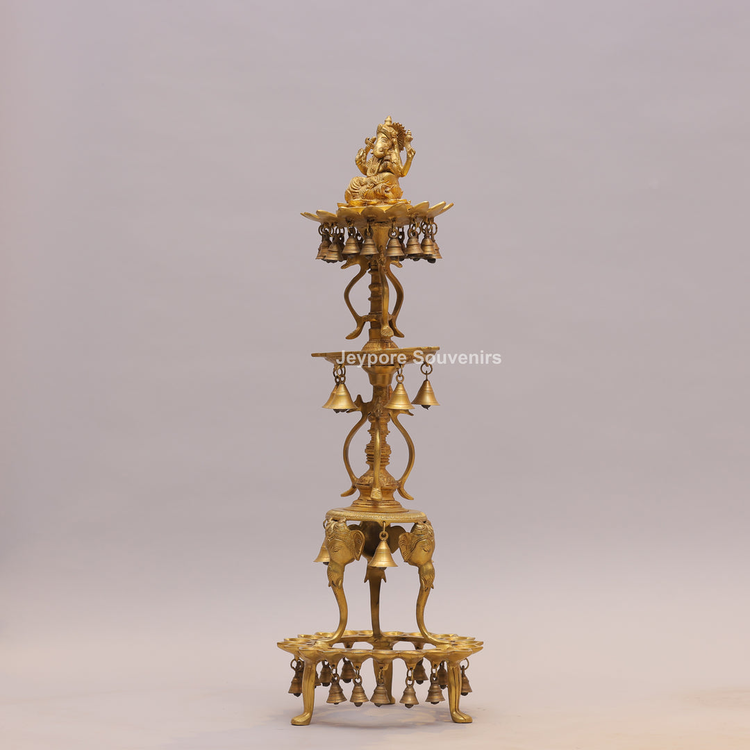 Brass Ganesha Lamp Stand with Elephant Base &amp; Temple Bells