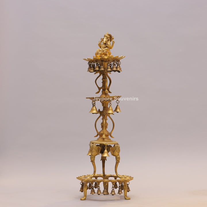 Brass Ganesha Lamp Stand with Elephant Base &amp; Temple Bells