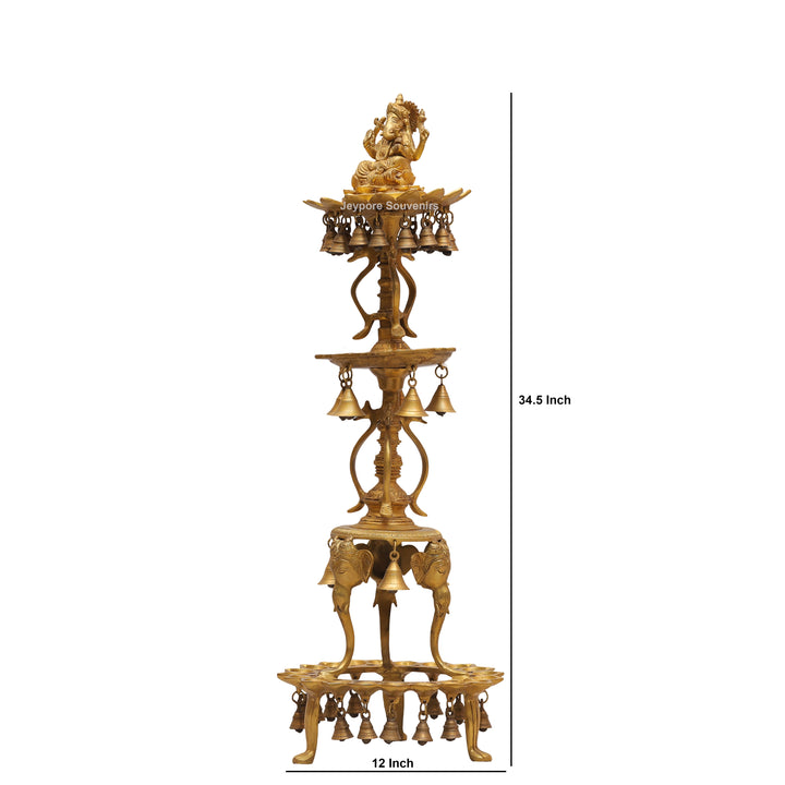 Brass Ganesha Lamp Stand with Elephant Base &amp; Temple Bells