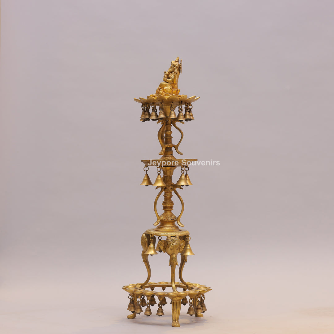 Brass Ganesha Lamp Stand with Elephant Base &amp; Temple Bells