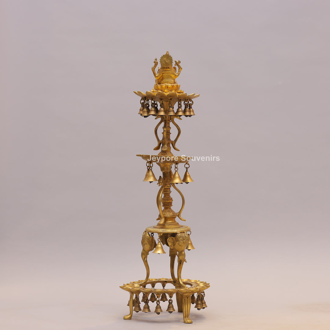 Brass Ganesha Lamp Stand with Elephant Base &amp; Temple Bells