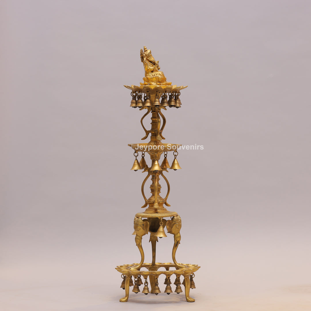 Brass Ganesha Lamp Stand with Elephant Base &amp; Temple Bells