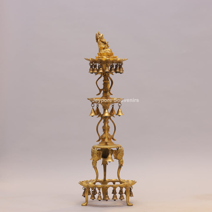 Brass Ganesha Lamp Stand with Elephant Base &amp; Temple Bells