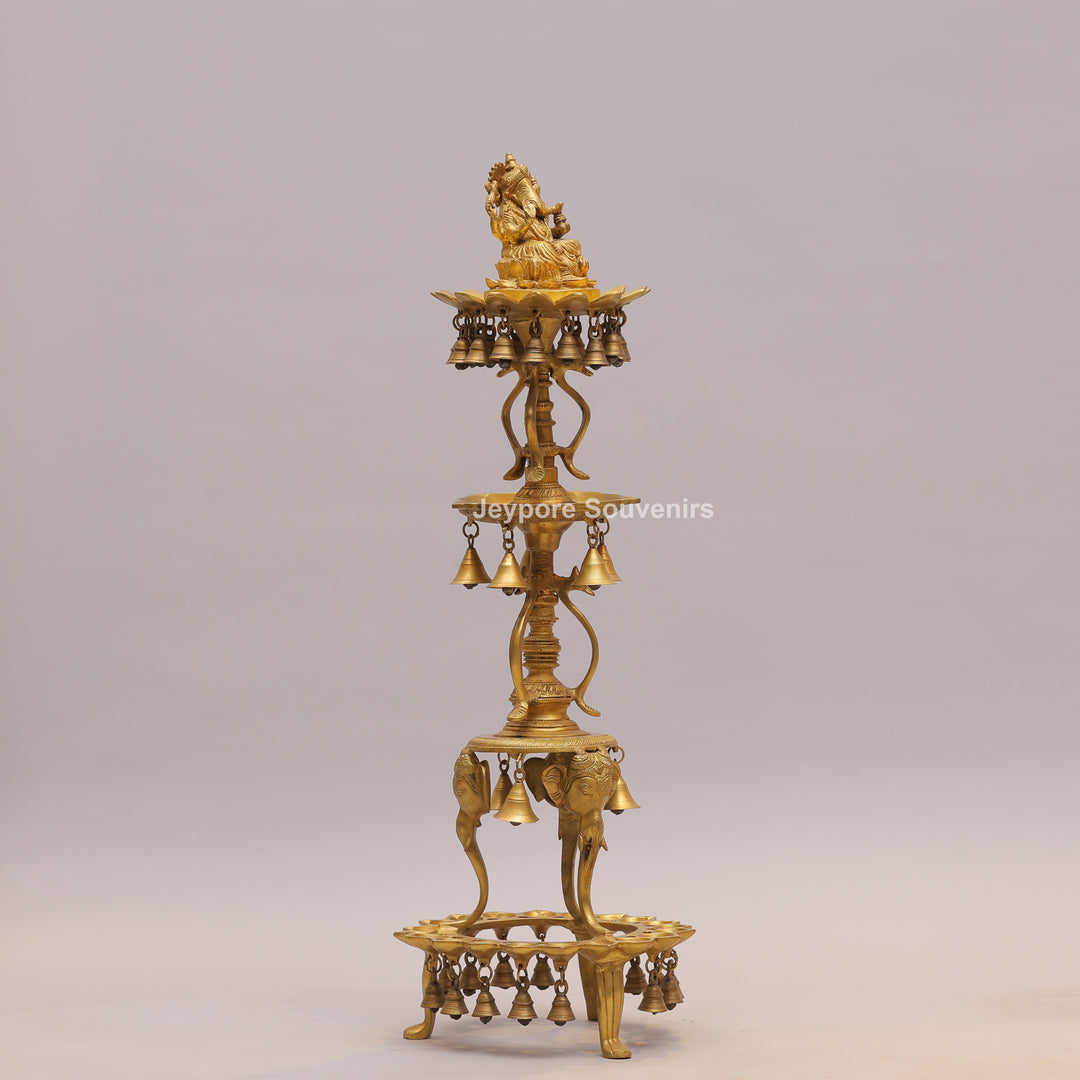 Brass Ganesha Lamp Stand with Elephant Base &amp; Temple Bells