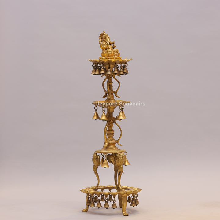 Brass Ganesha Lamp Stand with Elephant Base &amp; Temple Bells