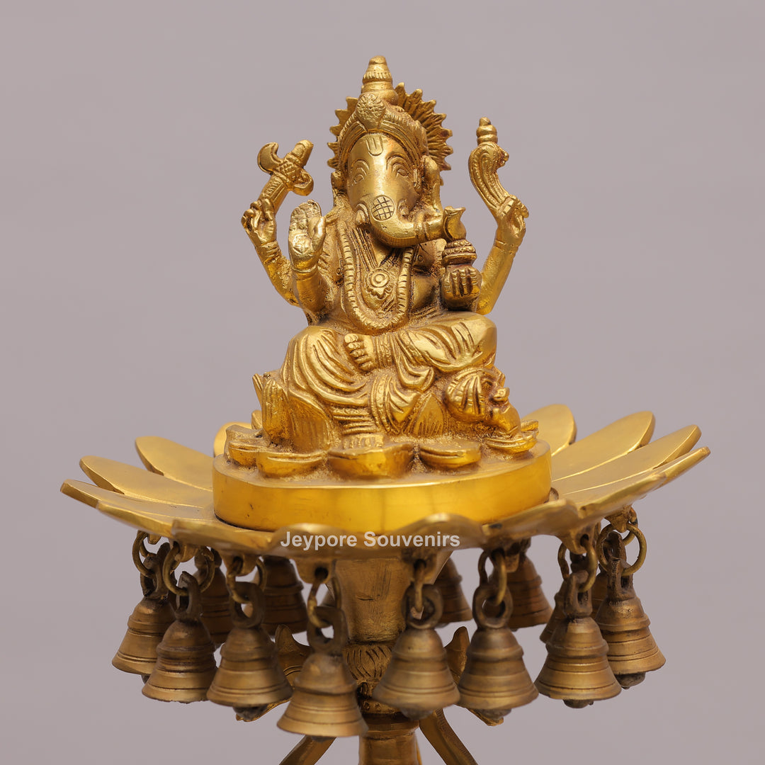 Brass Ganesha Lamp Stand with Elephant Base &amp; Temple Bells