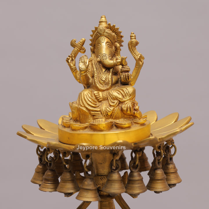 Brass Ganesha Lamp Stand with Elephant Base &amp; Temple Bells