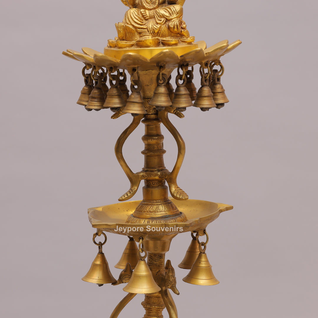 Brass Ganesha Lamp Stand with Elephant Base &amp; Temple Bells