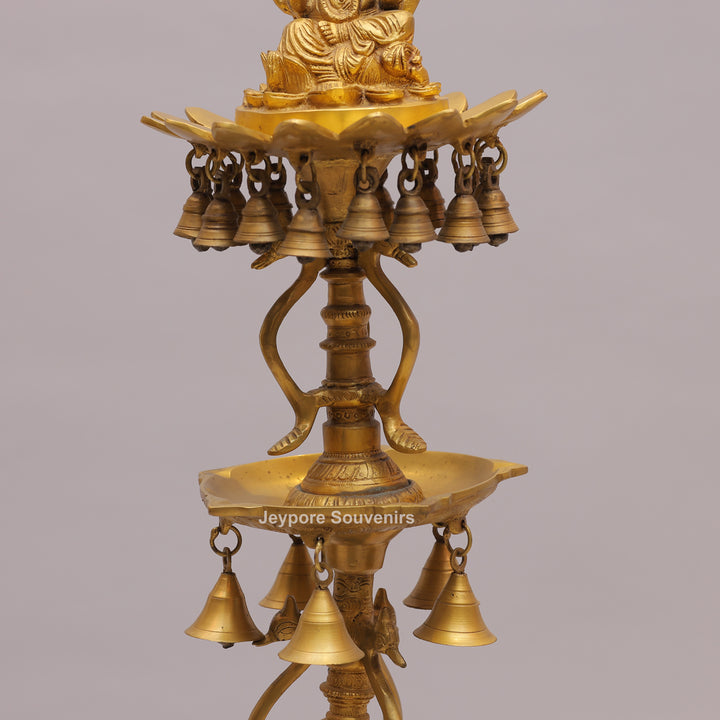 Brass Ganesha Lamp Stand with Elephant Base &amp; Temple Bells