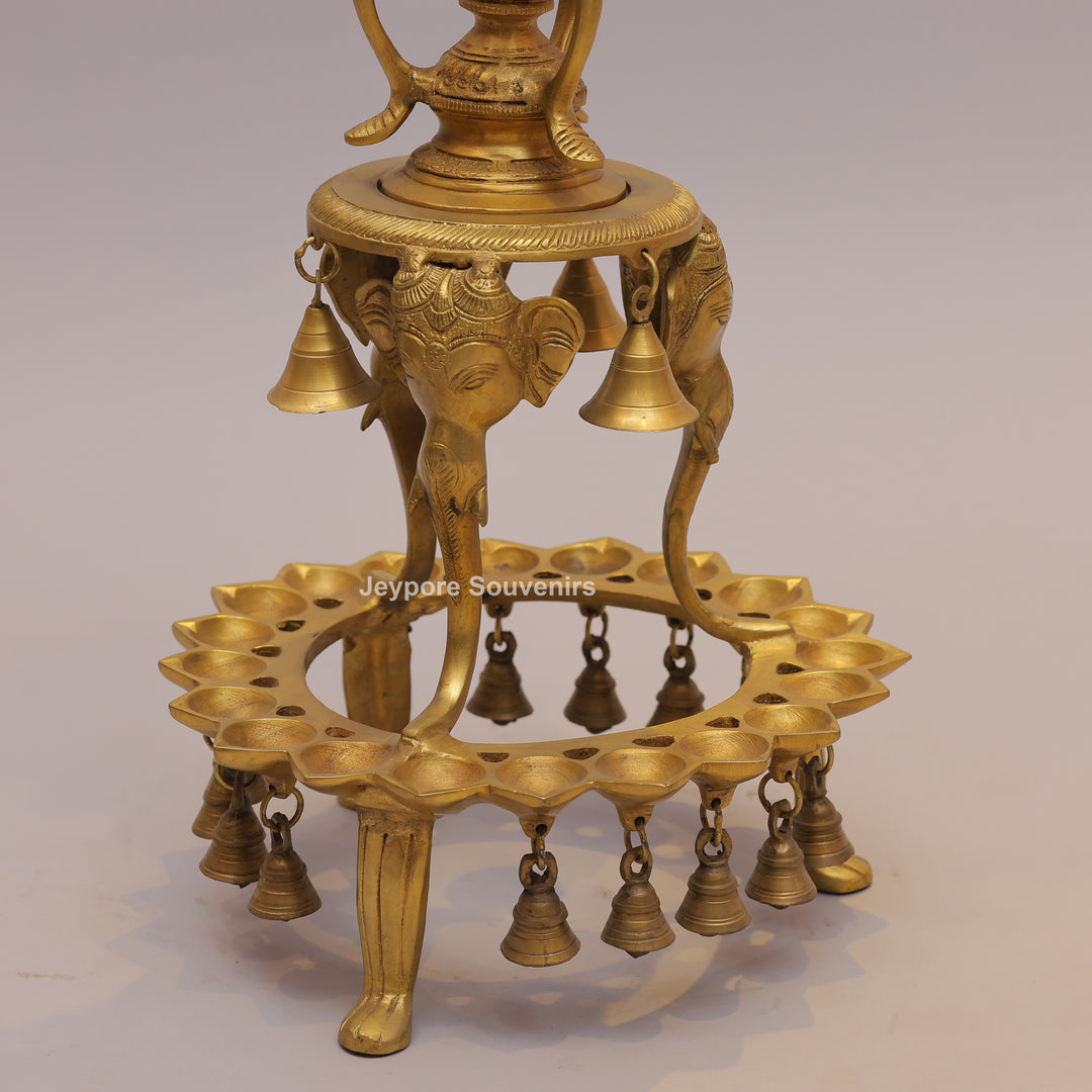 Brass Ganesha Lamp Stand with Elephant Base &amp; Temple Bells