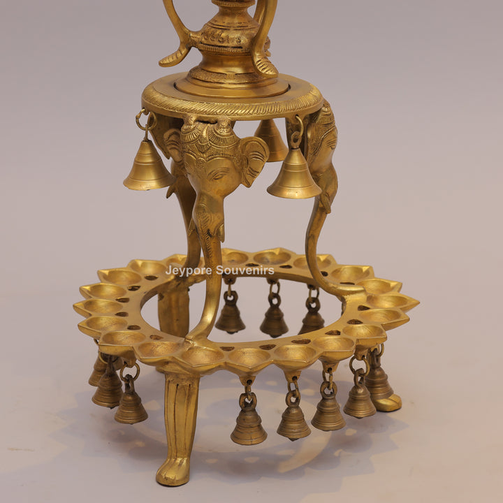 Brass Ganesha Lamp Stand with Elephant Base &amp; Temple Bells