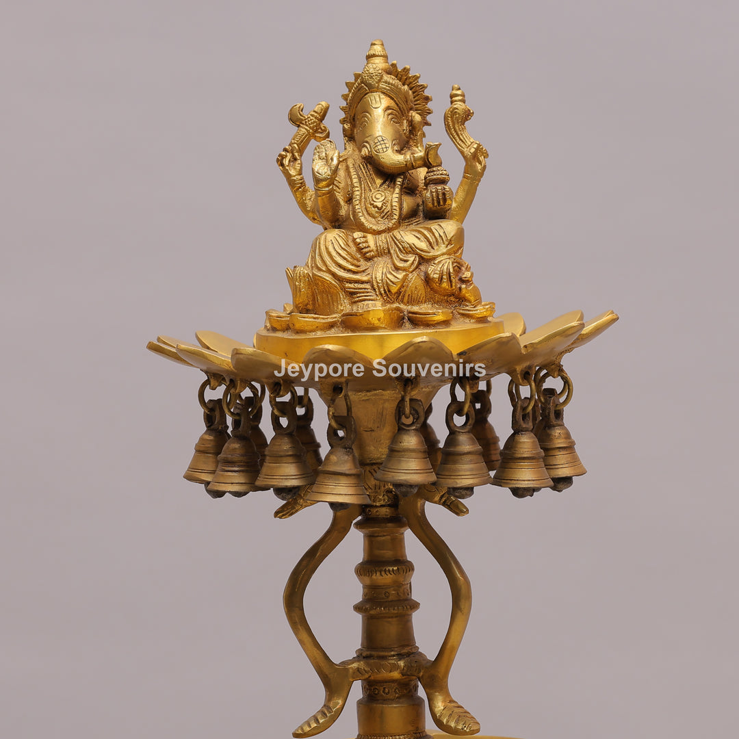 Brass Ganesha Lamp Stand with Elephant Base &amp; Temple Bells