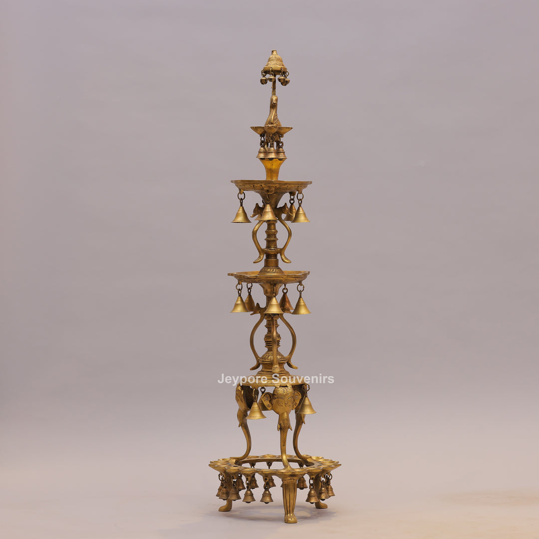 Grand Traditional Brass Peacock Lamp with Hanging Bells