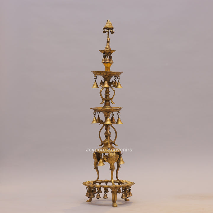 Grand Traditional Brass Peacock Lamp with Hanging Bells
