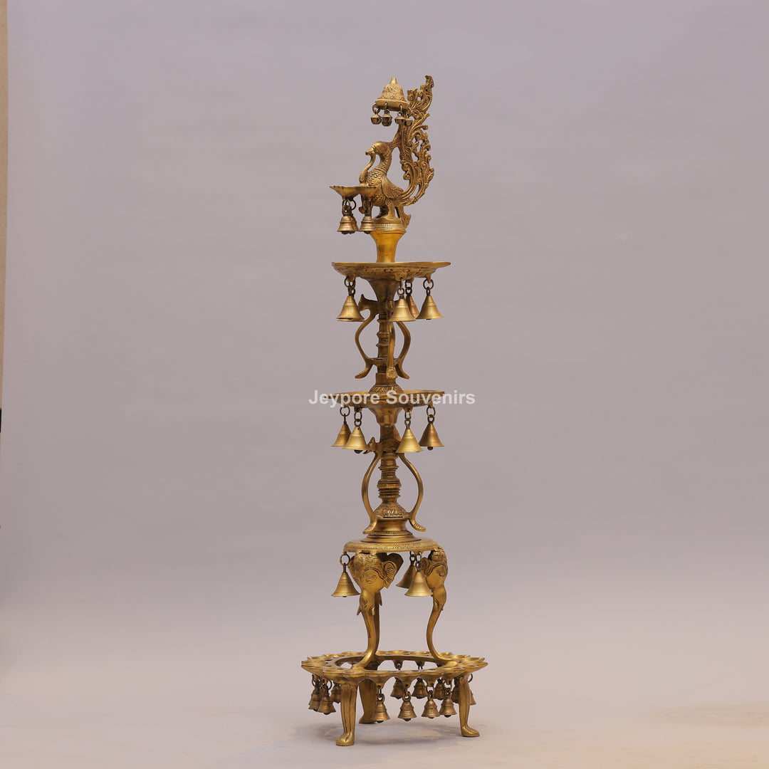Grand Traditional Brass Peacock Lamp with Hanging Bells