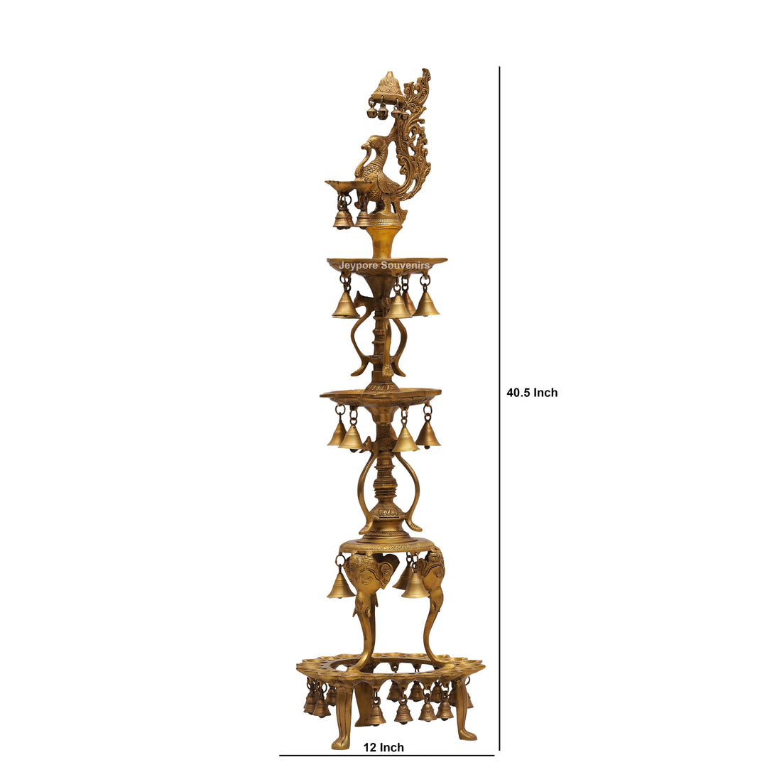 Grand Traditional Brass Peacock Lamp with Hanging Bells