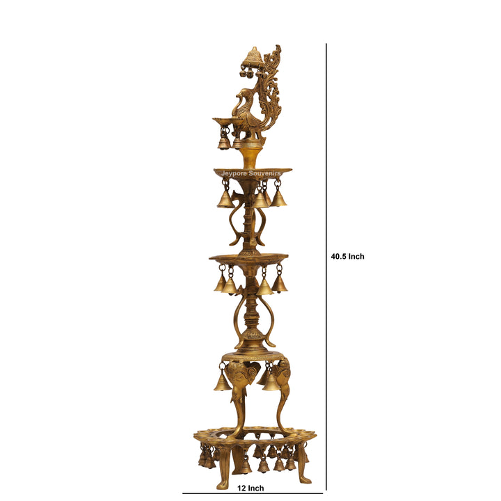 Grand Traditional Brass Peacock Lamp with Hanging Bells