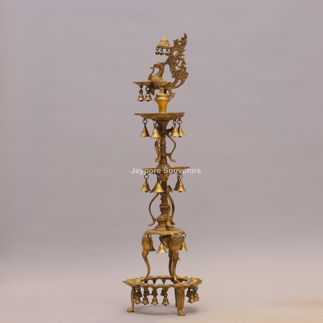 Grand Traditional Brass Peacock Lamp with Hanging Bells