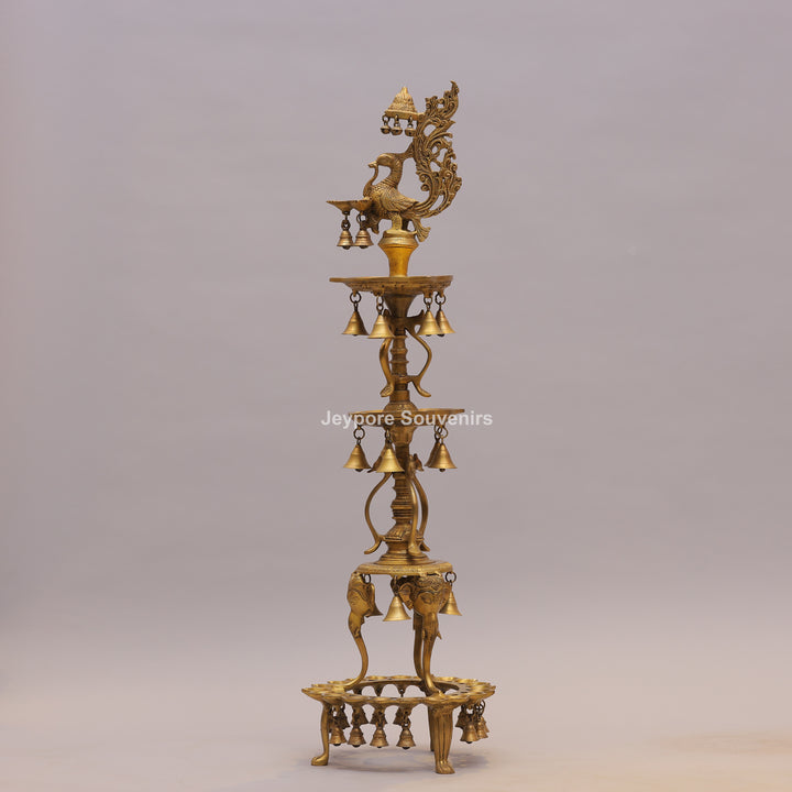 Grand Traditional Brass Peacock Lamp with Hanging Bells