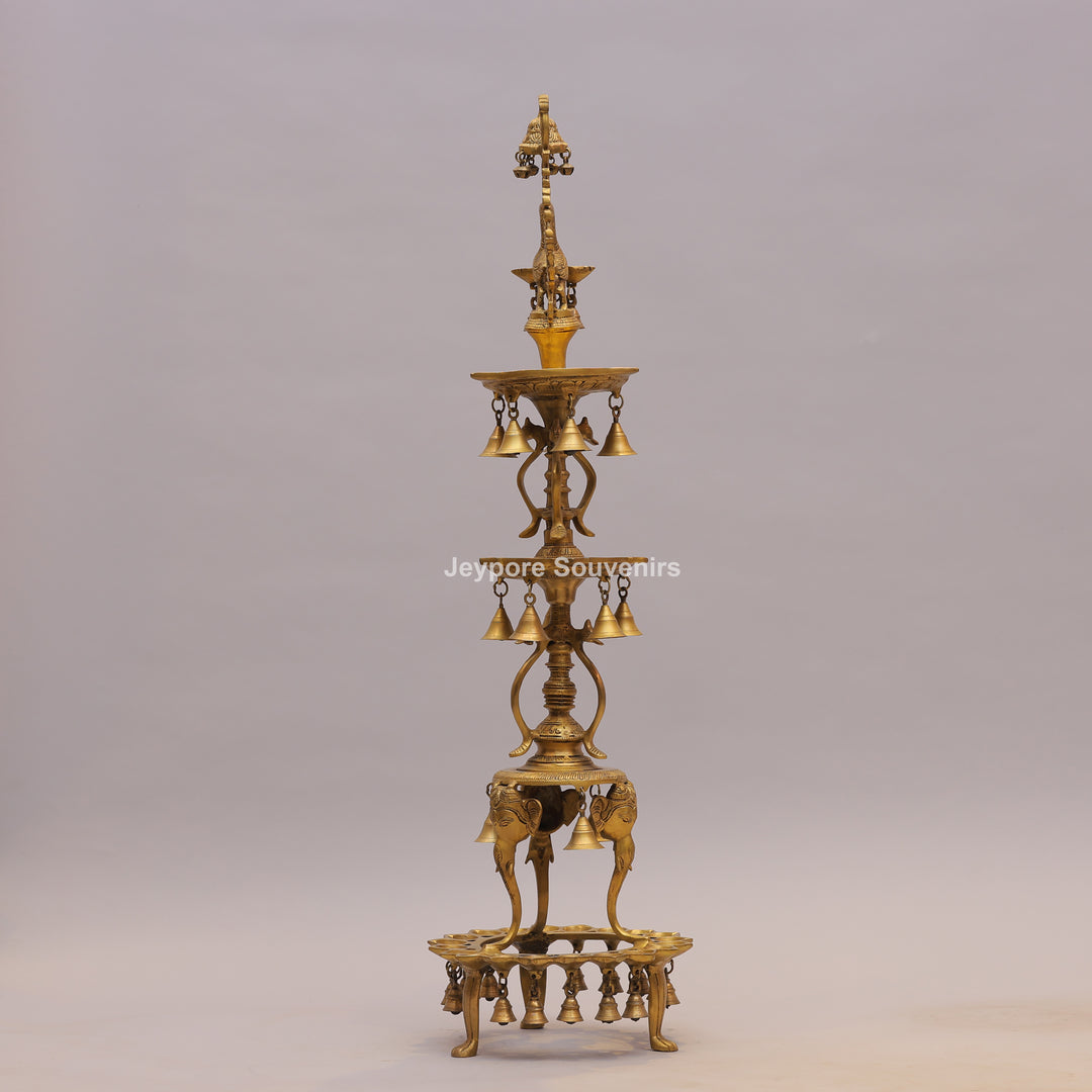 Grand Traditional Brass Peacock Lamp with Hanging Bells