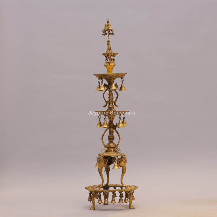 Grand Traditional Brass Peacock Lamp with Hanging Bells