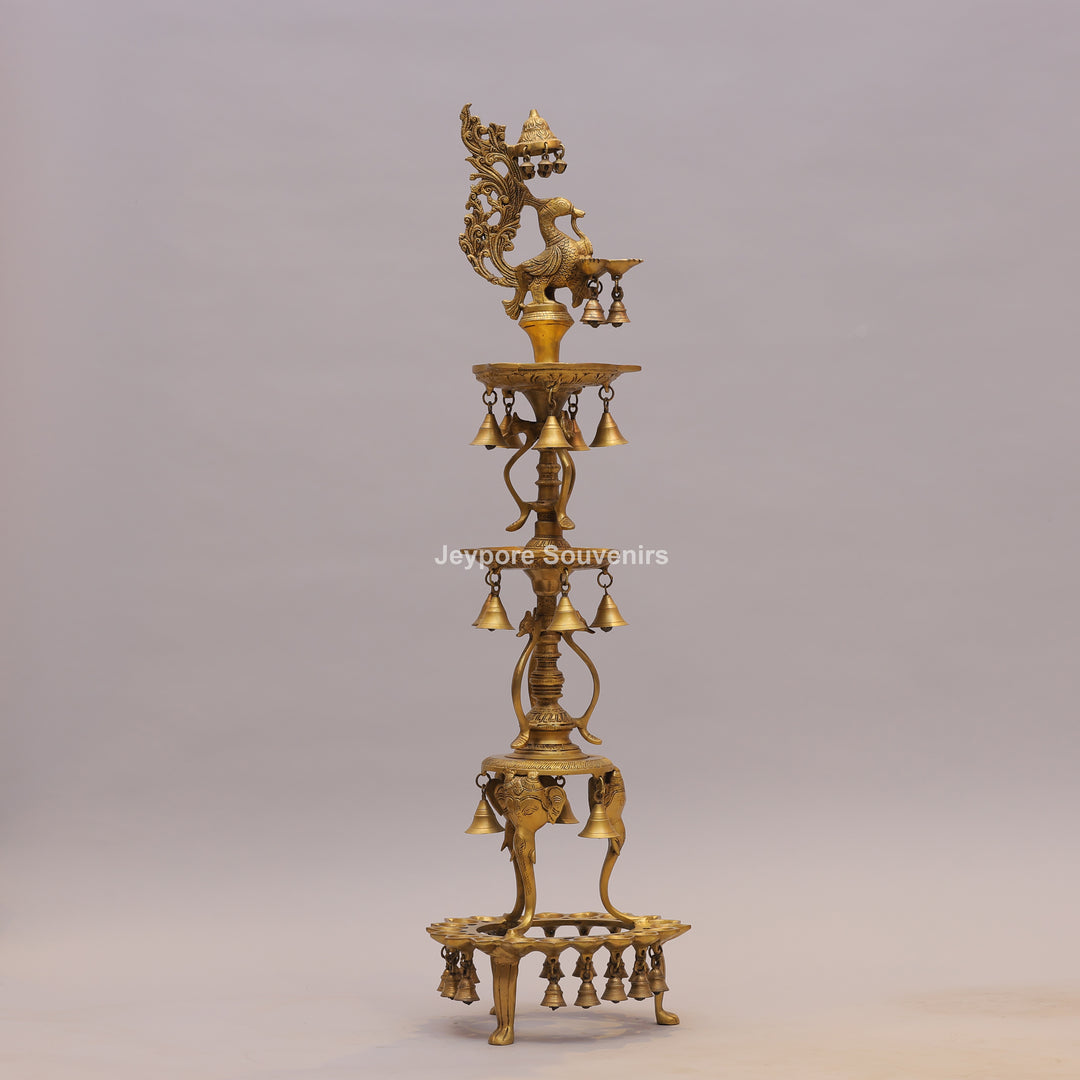 Grand Traditional Brass Peacock Lamp with Hanging Bells